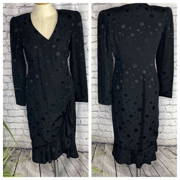 Flora Kung New York Vintage‎ 80s Silk Wrap Dress Black Size 6 - Picture 1 of 16